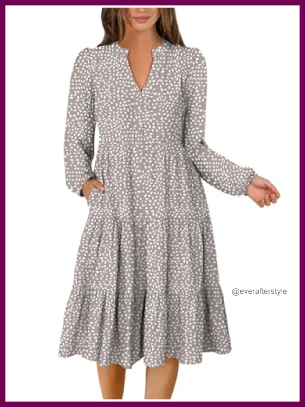 Women's V Neck Long Sleeve Midi Dress with Pockets Loose Flowy Tiered